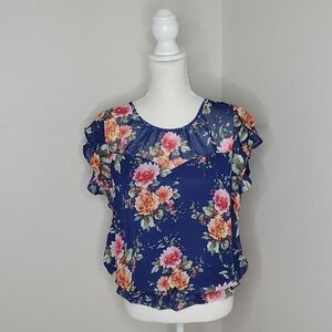Monteau Blue Floral Short Sleeve Blouse
